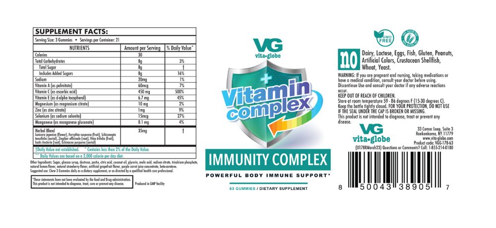 Vita Globe Immunity complex Gummy Vitamins supplement facts