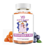 Vita- globe Kids' Sleep Melatonin supplement bottle with gummy bears and blueberries on a white background