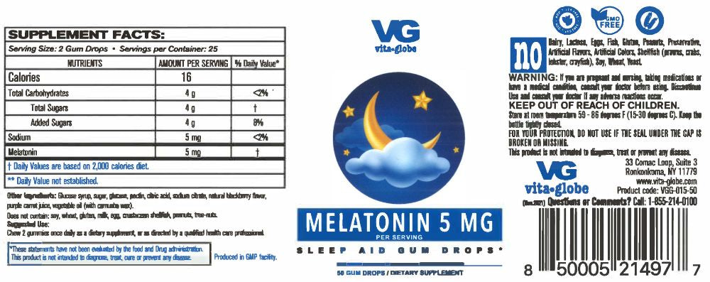 Vita Globe 5mg Melatonin Gummy Vitamins supplement facts