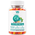 A clear plastic bottle of VG Vita-Globe Calcium 500 mg dietary supplement gummies, filled with colorful red, orange, and yellow gummy bears, on a solid white background.