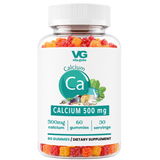 A clear plastic bottle of VG Vita-Globe Calcium 500 mg dietary supplement gummies, filled with colorful red, orange, and yellow gummy bears, on a solid white background.