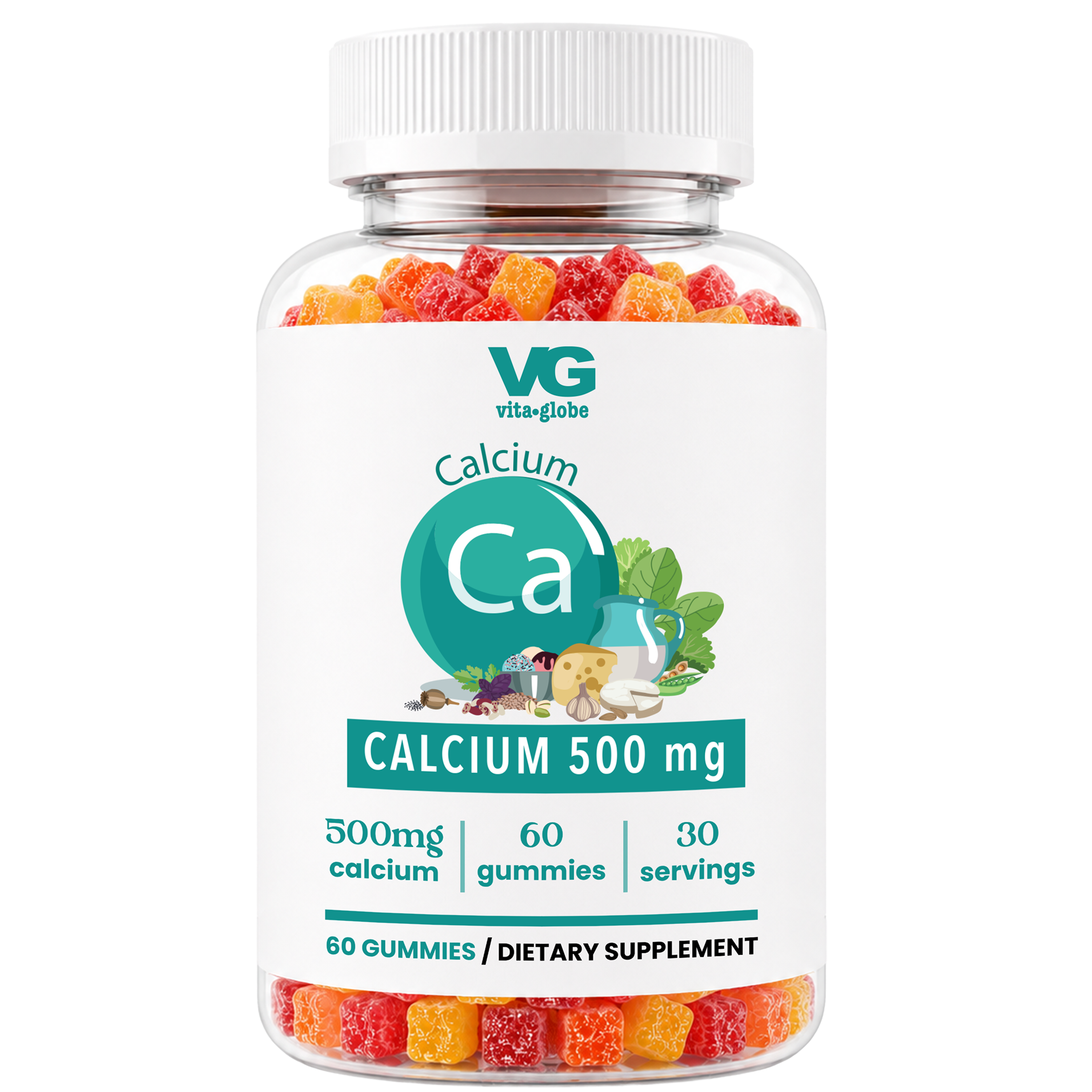 A clear plastic bottle of VG Vita-Globe Calcium 500 mg dietary supplement gummies, filled with colorful red, orange, and yellow gummy bears, on a solid white background.