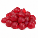 A pile of glossy, translucent red gummy candies shaped like small hearts or teardrops, photographed on a clean white background.