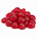 A pile of glossy, translucent red gummy candies shaped like small hearts or teardrops, photographed on a clean white background.