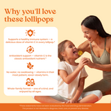 Why you'll love Vitalolli Vitamin C lollipops: immune and antioxidant support, no water or swallowing, whole-family format