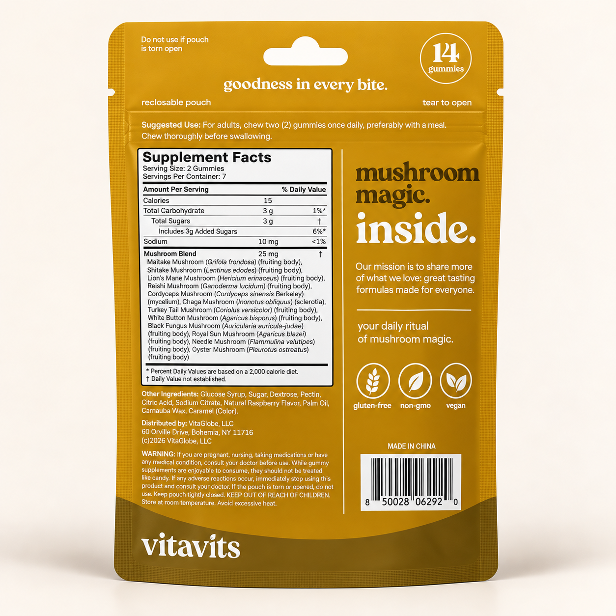 VitaVits Mushroom Complex Gummies pouch back with Supplement Facts: 25 mg 12-mushroom blend per 2-gummy serving, including Lion's Mane, Reishi and Cordyceps
