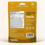 VitaVits Mushroom Complex Gummies pouch back with Supplement Facts: 25 mg 12-mushroom blend per 2-gummy serving, including Lion's Mane, Reishi and Cordyceps