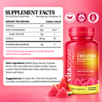 VitaPower Sugar-Free Creatine Gummies, Watermelon — Supplement Facts: 5g creatine monohydrate per 4-gummy serving, 15 servings; other ingredients and suggested use; vegan, non-GMO, gluten-free