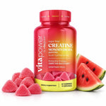 VitaPower by Vita Globe Sugar-Free Creatine Monohydrate Gummies, Watermelon flavor — 60-count bottle with pink watermelon gummies and fresh watermelon wedges