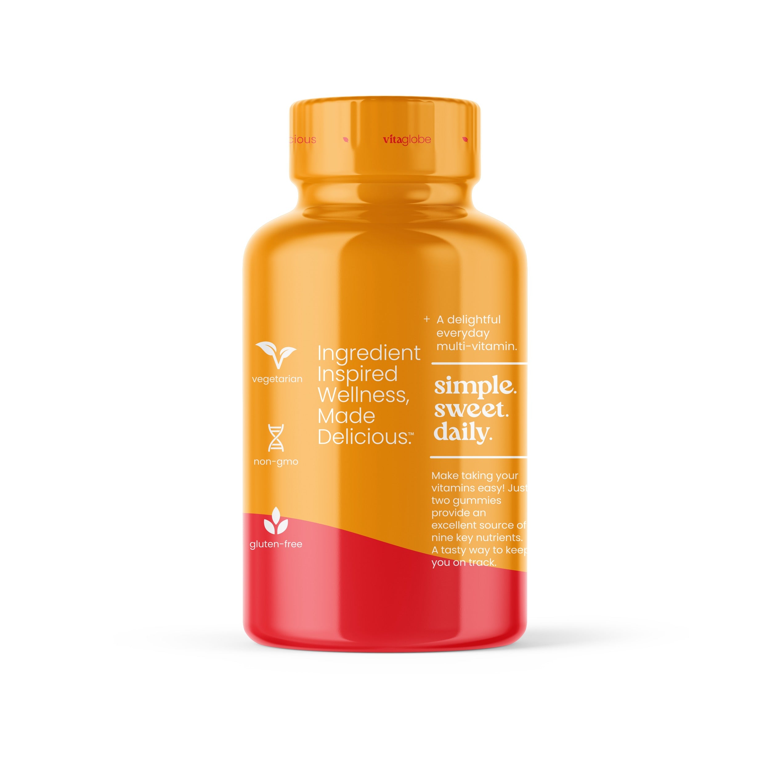 Side of Vita Globe Adult Multi bottle: vegetarian, non-GMO, gluten-free, simple. sweet. daily.