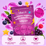 Vitalolli Elderberry Immune Support Lollipops pouch: non-GMO, vegetarian and gluten-free, no artificial dyes or flavors, made for everyday wellness