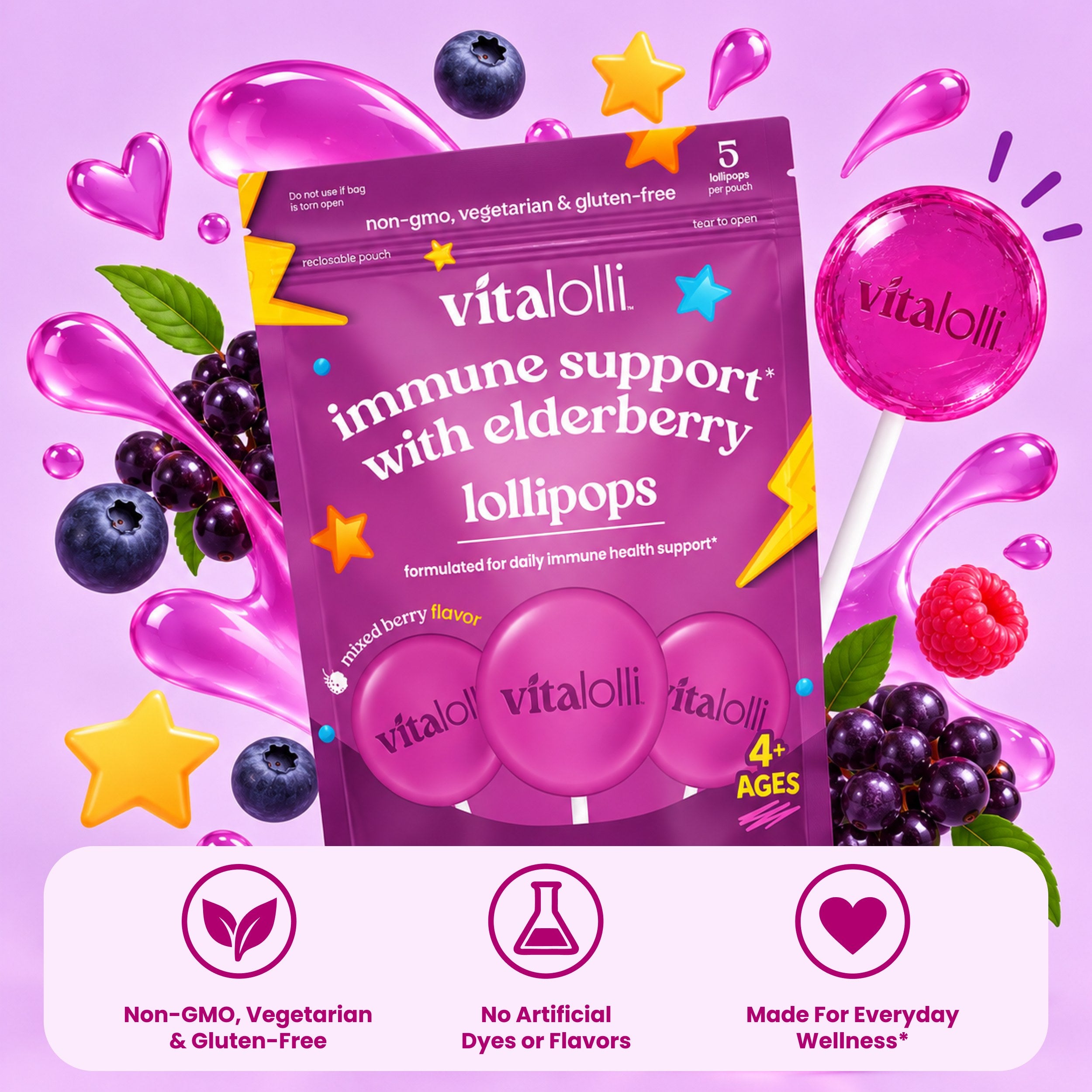 Vitalolli Elderberry Immune Support Lollipops pouch: non-GMO, vegetarian and gluten-free, no artificial dyes or flavors, made for everyday wellness