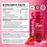 Vita Globe Her PMS Gummies Supplement Facts: 20mg vitamin B6, 111mg PMS Support Blend with chasteberry, cranberry and dong quai, and black pepper extract per 2-gummy serving; other ingredients and suggested use