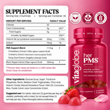 Vita Globe Her PMS Gummies Supplement Facts: 20mg vitamin B6, 111mg PMS Support Blend with chasteberry, cranberry and dong quai, and black pepper extract per 2-gummy serving; other ingredients and suggested use