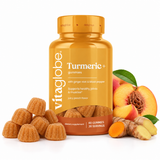 Vita Globe Turmeric+ Gummies with ginger root and black pepper, 60 gummies, bottle with peach turmeric gummies, peach, turmeric and ginger root