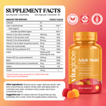 Vita Globe Adult Multi Gummies Supplement Facts: vitamins A, C, D, E, niacin, B6, folate, B12, biotin and pantothenic acid per 2-gummy serving; vegan, non-GMO, gluten-free