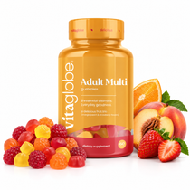 Vita Globe Adult Multi gummies, 60 gummies, bottle with fruit gummies, orange, peach and strawberries