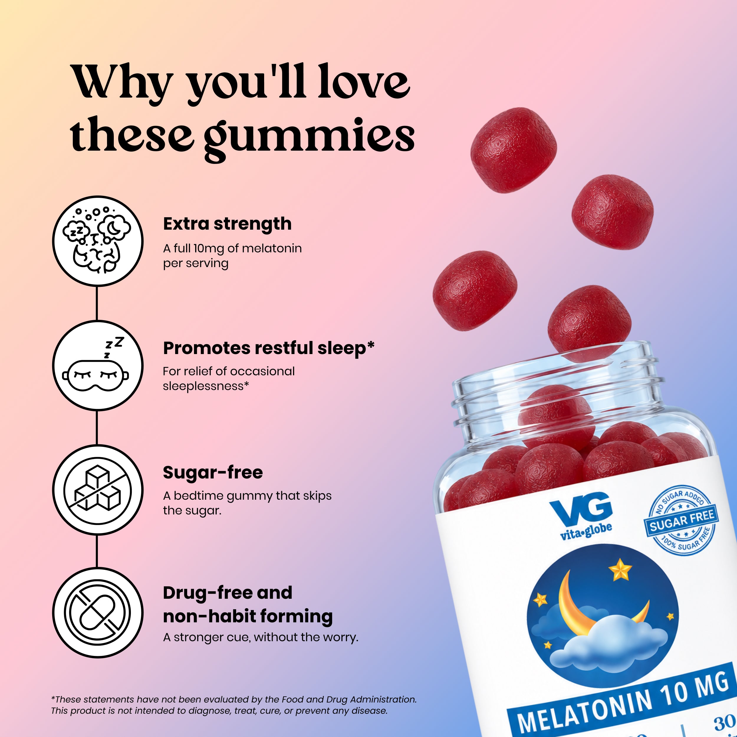 Why you'll love Vita Globe Melatonin 10mg gummies: extra strength, promotes restful sleep, sugar-free, drug-free and non-habit forming