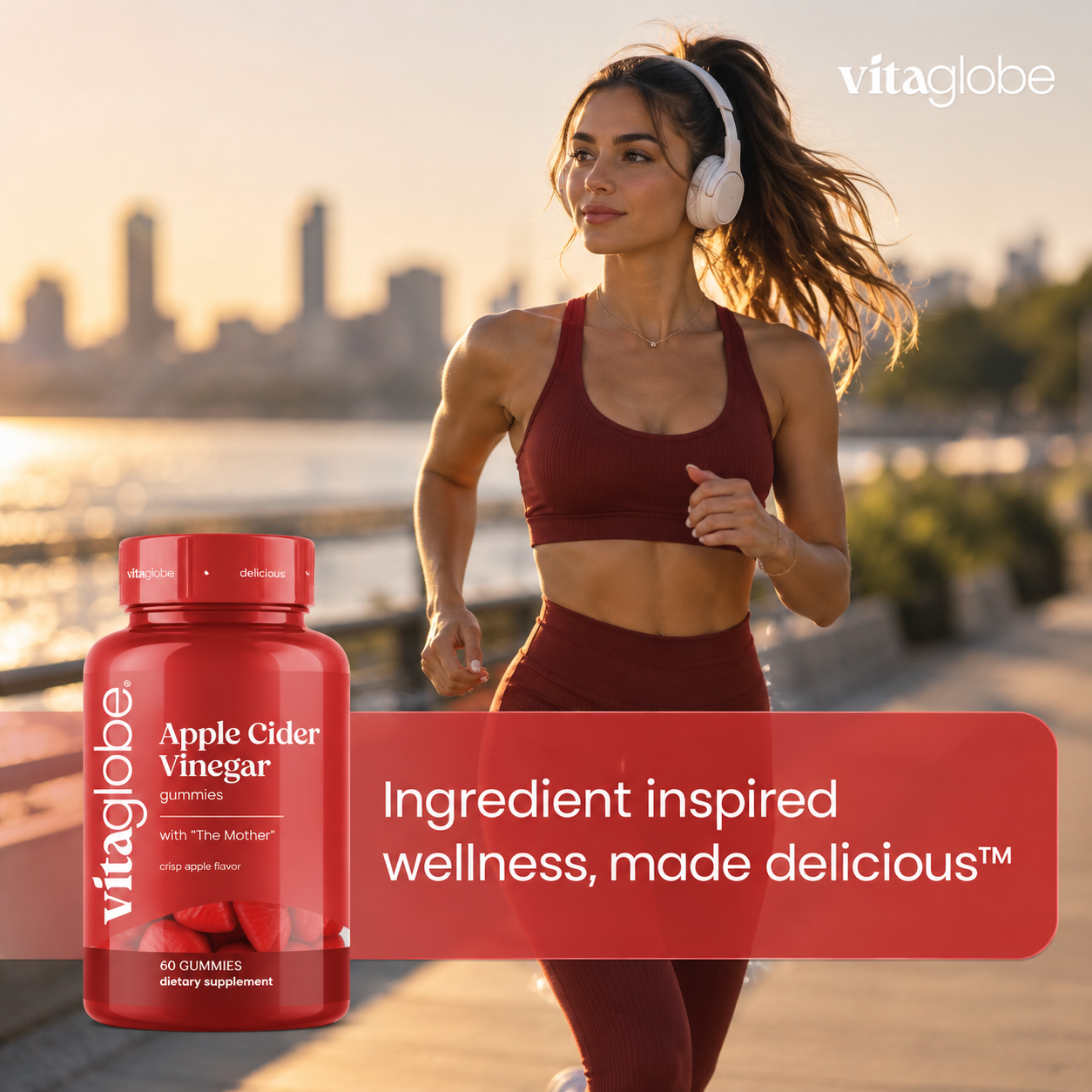 Woman jogging with a bottle of Vita Globe Apple Cider Vinegar Gummies: ingredient inspired wellness, made delicious