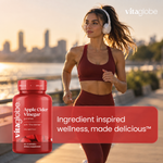Woman jogging with a bottle of Vita Globe Apple Cider Vinegar Gummies: ingredient inspired wellness, made delicious