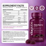 Vita Globe Elderberry Gummies Supplement Facts: 150mg elderberry fruit extract 30:1, 150mg vitamin C, 10mg zinc per 2-gummy serving; contains coconut; vegan, non-GMO, gluten-free