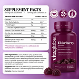 Vita Globe Elderberry Gummies Supplement Facts: 150mg elderberry fruit extract 30:1, 150mg vitamin C, 10mg zinc per 2-gummy serving; contains coconut; vegan, non-GMO, gluten-free