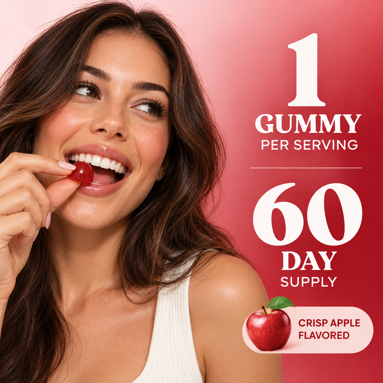 Woman eating a Vita Globe ACV gummy: 1 gummy per serving, 60 day supply, crisp apple flavored