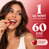 Woman eating a Vita Globe ACV gummy: 1 gummy per serving, 60 day supply, crisp apple flavored