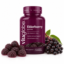 Vita Globe Elderberry Gummies with Vitamin C + Zinc, 60 gummies, bottle with elderberry gummies and fresh elderberries