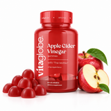 Vita Globe Apple Cider Vinegar Gummies with The Mother, 60 gummies, bottle with red gummies and fresh red apples