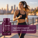 Woman jogging with a bottle of Vita Globe Elderberry Gummies: ingredient inspired wellness, made delicious