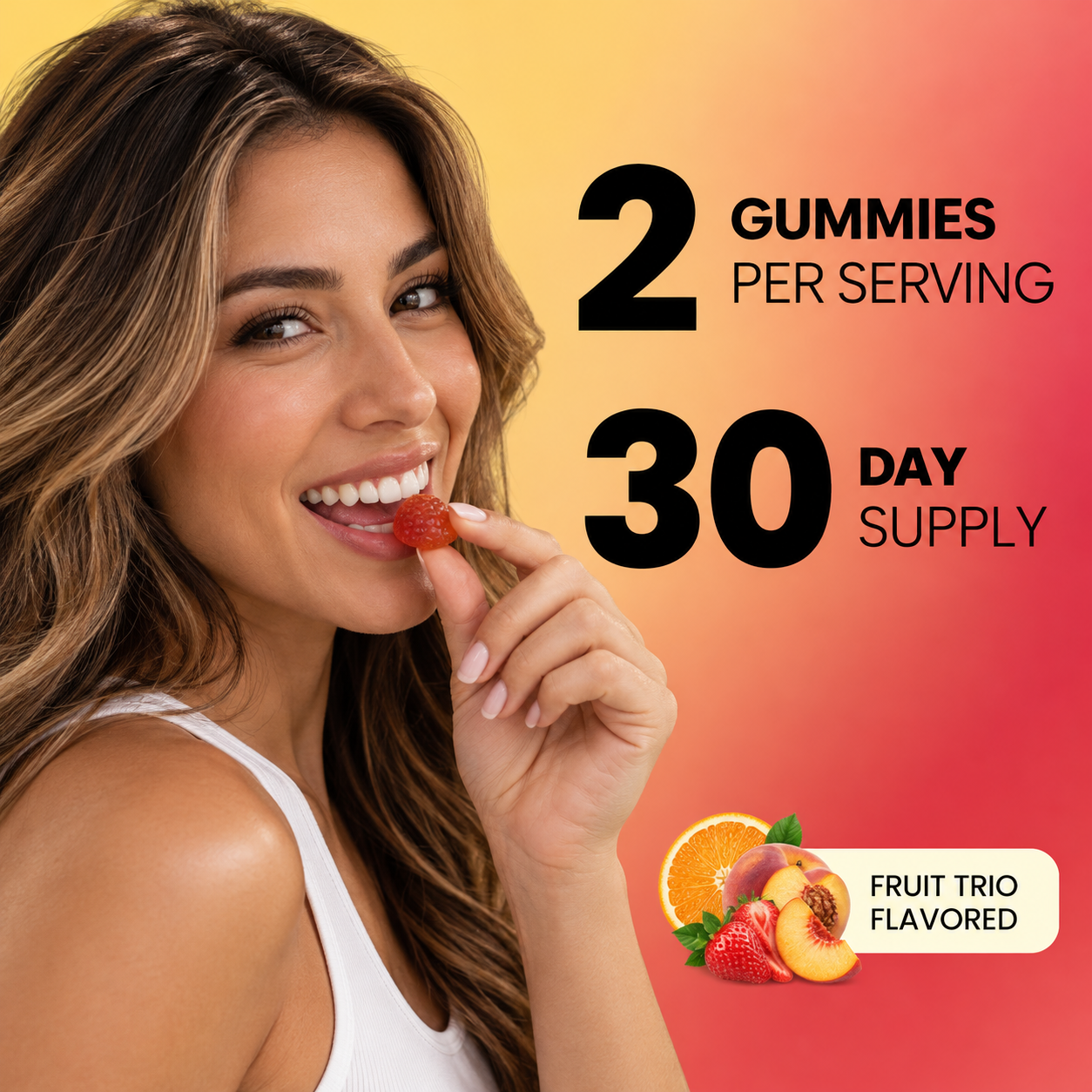 Woman eating a Vita Globe Adult Multi gummy: 2 gummies per serving, 30 day supply, fruit trio flavored