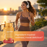 Woman jogging with a bottle of Vita Globe Adult Multi Gummies: ingredient inspired wellness, made delicious