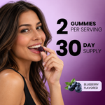 Woman eating a Vita Globe Elderberry gummy: 2 gummies per serving, 30 day supply, blueberry flavored