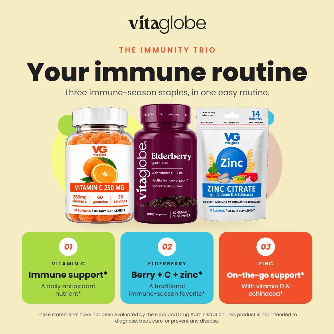 The Immunity Trio, your immune routine: Vitamin C, Elderberry with C and zinc, and Zinc with vitamin D and echinacea gummies