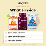 What's inside the Vita Globe Immunity Trio: Vegan Vitamin C 250mg gummies, Vegan Elderberry gummies with vitamin C and zinc, and Zinc Citrate gummies pouch