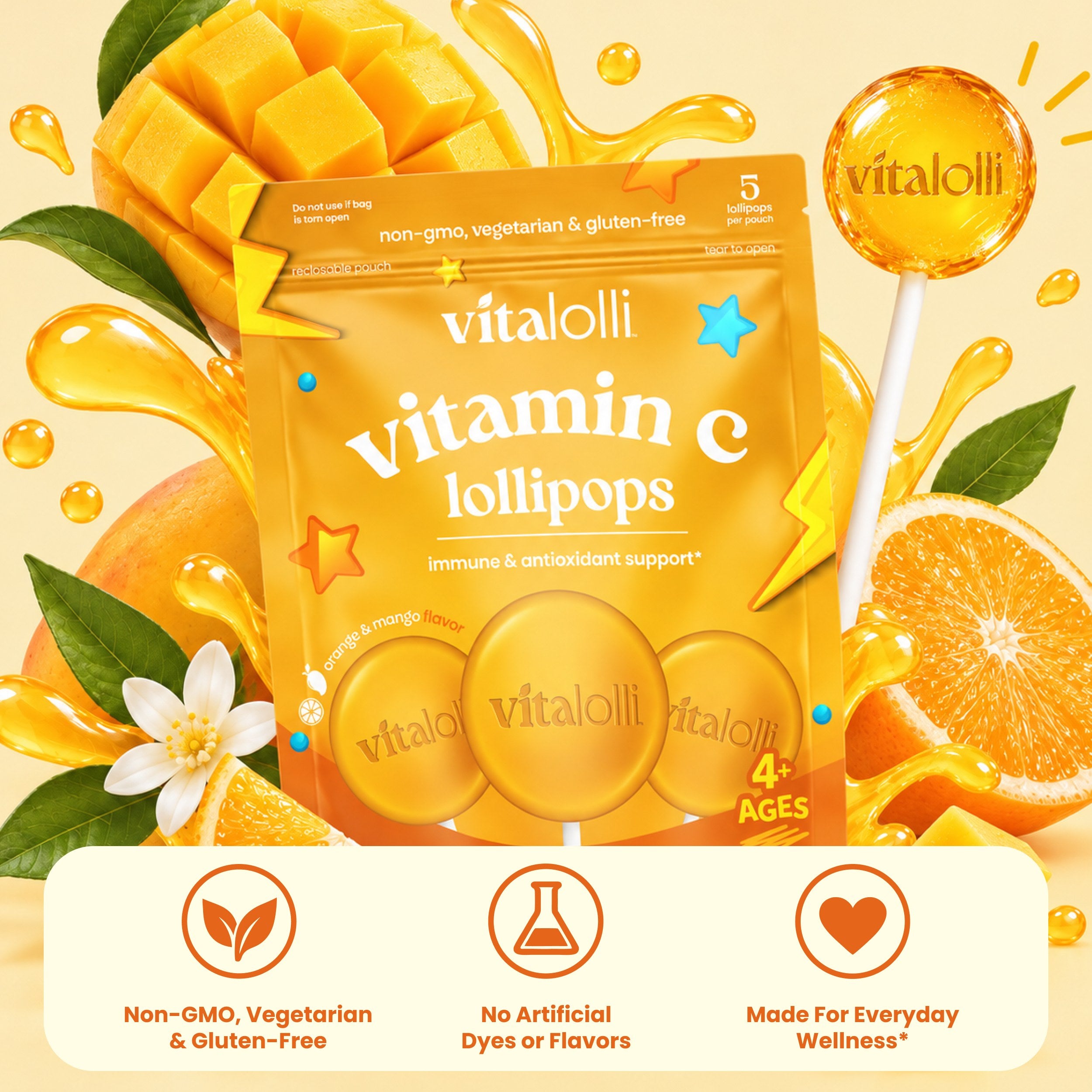 Vitalolli Manuka Soothe Lollipops pouch: non-GMO, vegetarian and gluten-free, no artificial dyes or flavors, made for everyday wellness