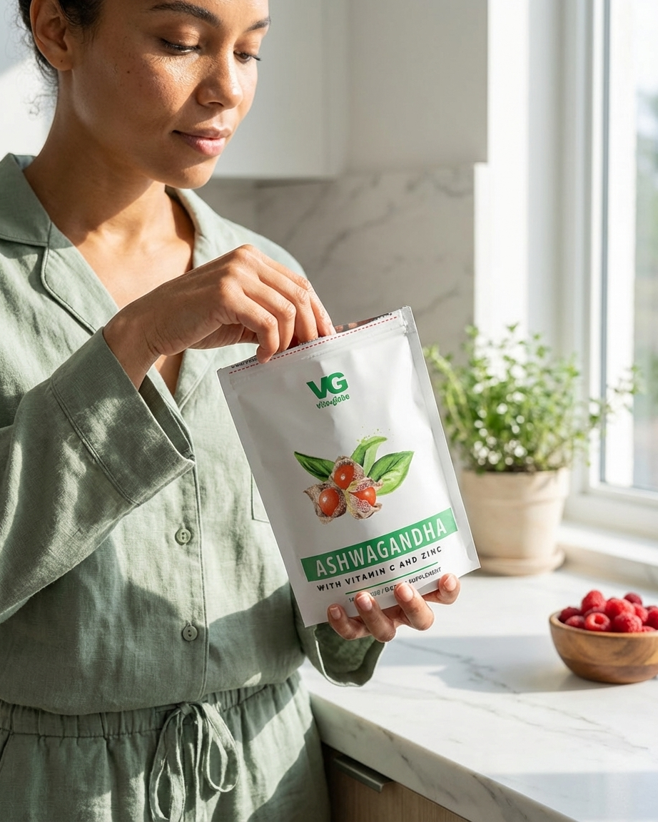 Woman holding a supplement package labeled 'VG Ashwagandha' in a bright kitchen.