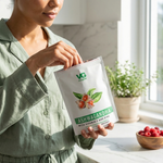 Woman holding a supplement package labeled 'VG Ashwagandha' in a bright kitchen.