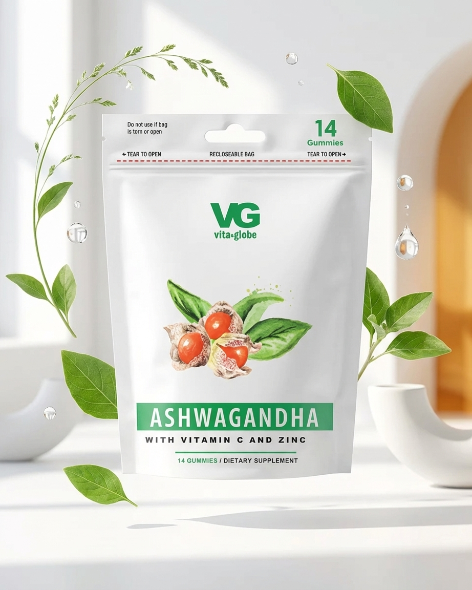 Vita-Globe Ashwagandha supplement package with green leaves on a white background
