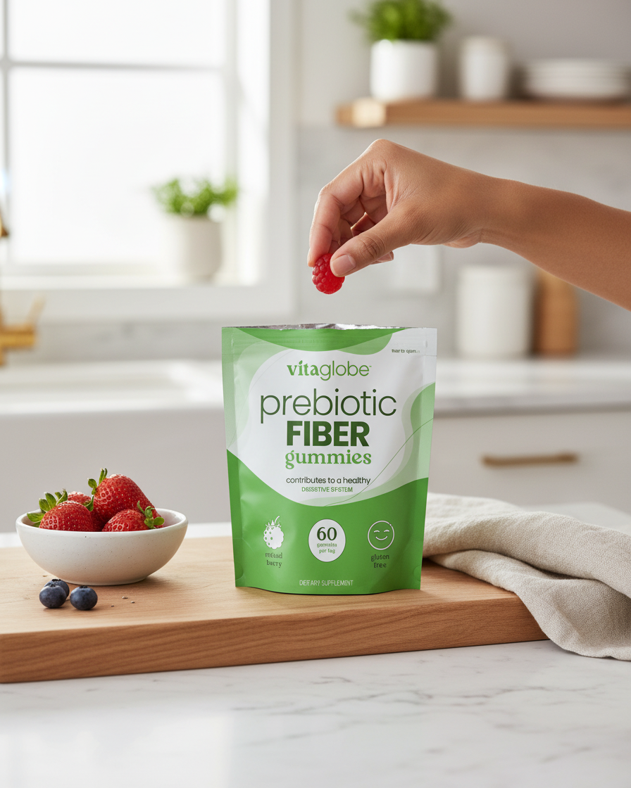 Vitaglobe prebiotic fiber gummies packaging with a hand holding a gummy and a bowl of strawberries on a kitchen counter.