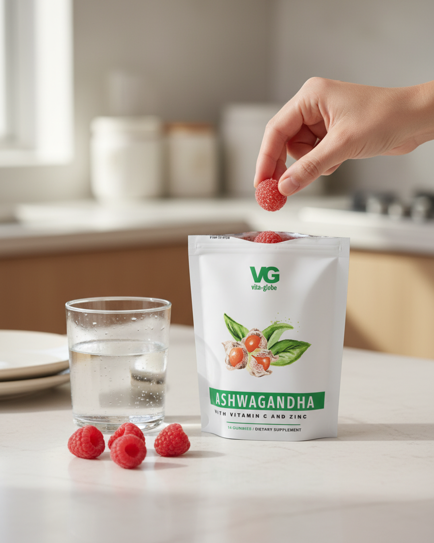 Vita-Green Ashwagandha supplement packaging with raspberries on a kitchen counter.