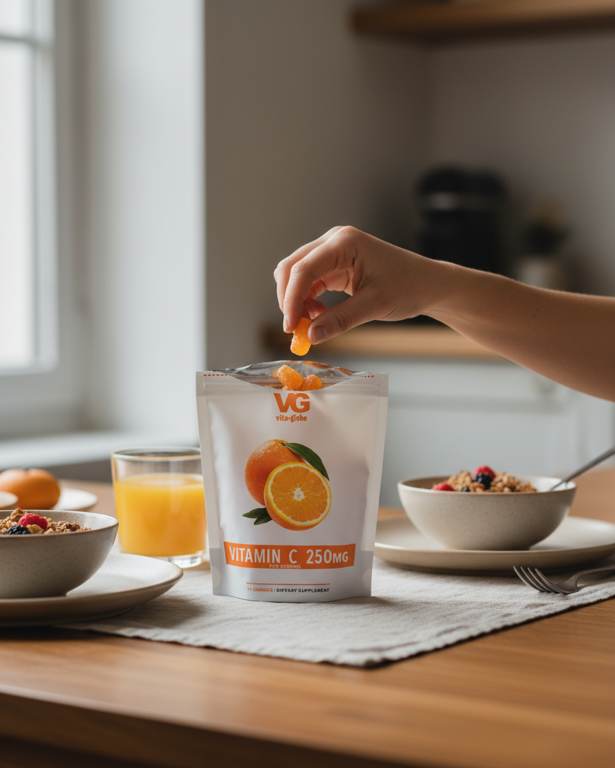 Person adding an orange supplement to a package labeled 'VG Vitamin C 250mg' on a breakfast table.