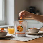 Person adding an orange supplement to a package labeled 'VG Vitamin C 250mg' on a breakfast table.