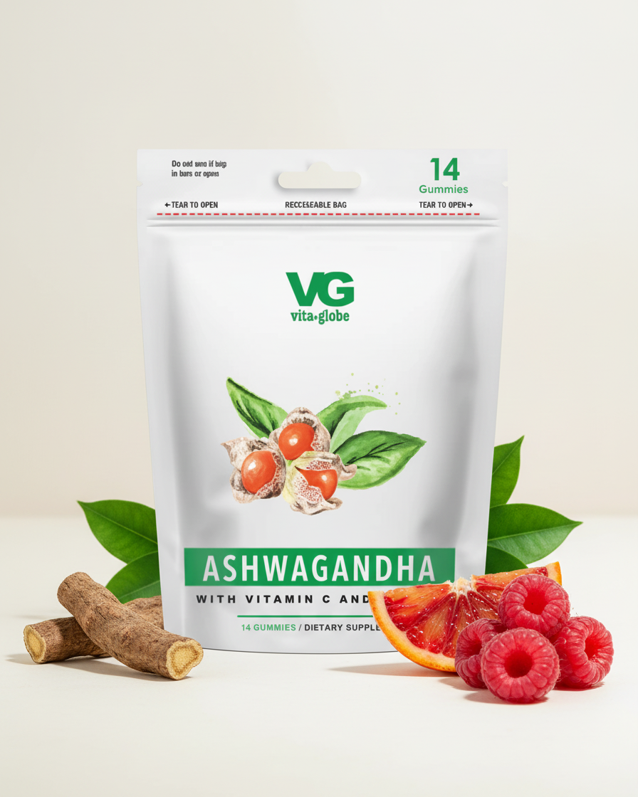 Vita-Globe Ashwagandha supplement package with fruits and leaves on a light background