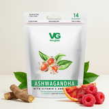 Vita-Globe Ashwagandha supplement package with fruits and leaves on a light background
