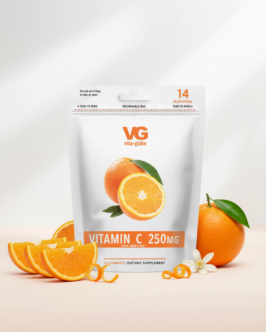 Vita-Globe Vitamin C 250mg supplement package with oranges on a light background
