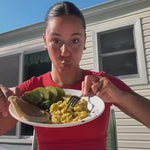 Woman eating a healthy breakfast outdoors as part of her daily routine with Vita Globe Hair, Skin & Nails Gummies