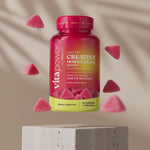 VitaPower sugar-free watermelon creatine monohydrate gummies bottle floating with gummies