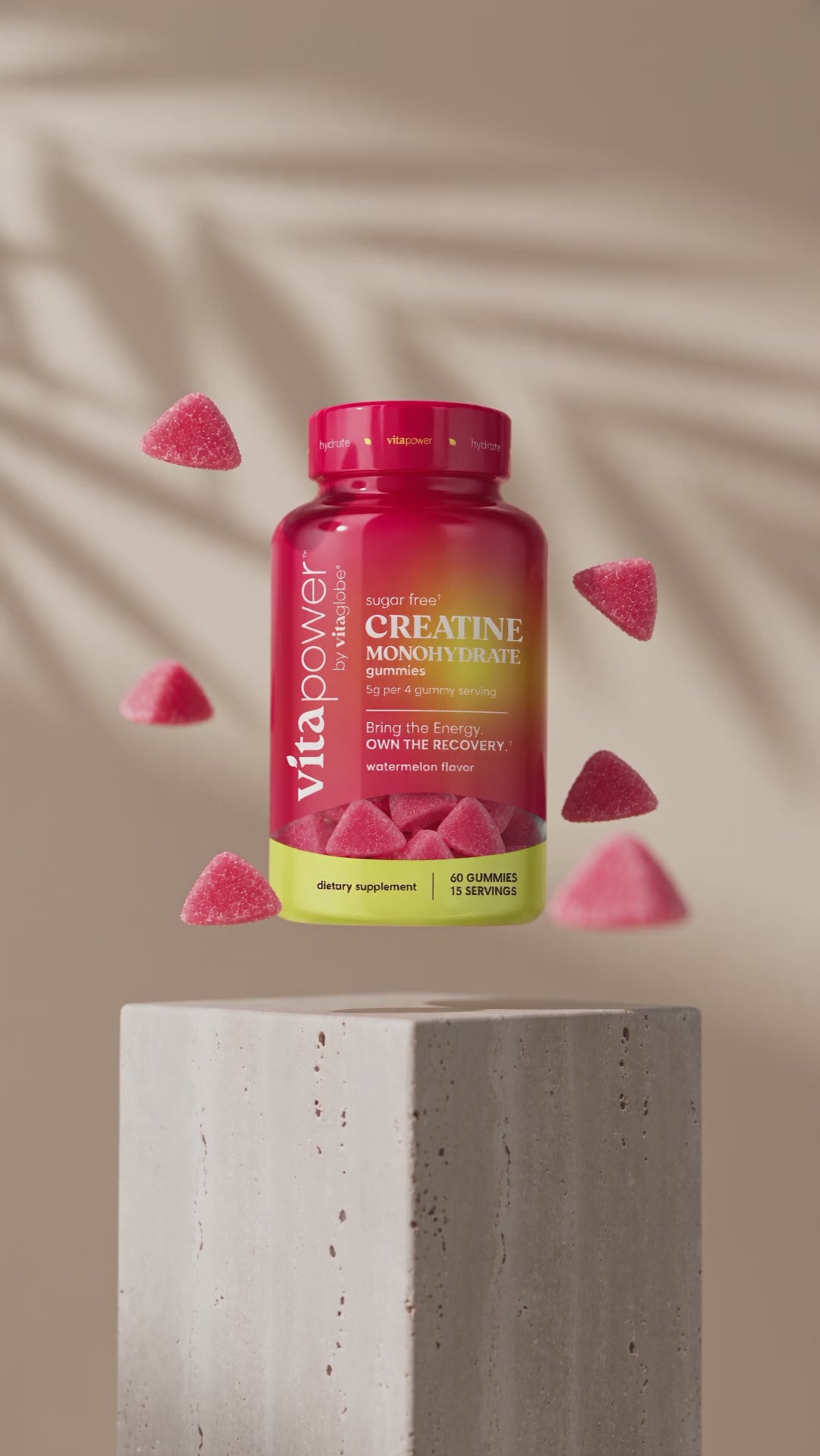 VitaPower sugar-free watermelon creatine monohydrate gummies bottle floating with gummies